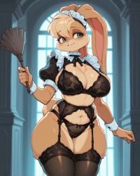 1girls ai_generated black_bra black_lingerie black_panties blonde_hair clothed_female duster feet_out_of_frame female furry furry_female furry_only garter_belt goonsmith green_eyes lace lace-trimmed_bra lace-trimmed_thighhighs large_breasts lola_bunny maid maid_headdress rabbit rabbit_ears rabbit_girl rabbit_tail short_hair solo solo_female solo_focus space_jam standing voluptuous wrist_cuffs