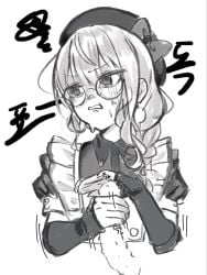 1boy anger_vein apron arm_warmers arms_up averting_eyes ayeon beret blank_censor bow braid buttoned_cuffs buttons censored clenched_teeth cropped_torso disembodied_penis disgust earrings erection female frilled_straps frown glansjob glasses greyscale hair_over_shoulder handjob hat hat_bow heart highres hololive hoshimachi_suisei hoshimachi_suisei_(maid) jewelry korean_text large_penis long_hair looking_to_the_side maid monochrome motion_lines nervous_sweating penis puffy_short_sleeves puffy_sleeves round_eyewear short_sleeves simple_background single_braid solo spiked_penis squiggle straight sweat tearing_up tears teeth translation_request turn_pale two-handed_handjob v-shaped_eyebrows virtual_youtuber white_background wing_collar