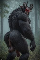 3d ai_generated anus ass bearded big_balls black_cock black_fur creature fantasy foreskin forest furry_body gay glowing_eyes goatee handsome himbo horny hunky large monstrous muscular_build old_male penis red_eyes saggy_balls sharp_fangs sharp_horns solo strong_female