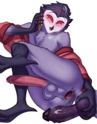 ass blushing dildo femboy furry gay helluva_boss owl phone precum red_eyes stolas_(helluva_boss)