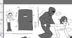 1girls 2boys 2d_(gorillaz) badly_cropped dark-skinned_male doggy_style door female firealpaca gorillaz k0piga listening_through_door listening_through_wall male monochrome oc oc_x_canon ocxcanon russel_hobbs shocked shocked_expression