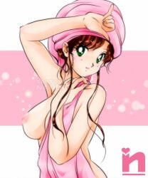 1990s_(style) 1girls after_bathing alluring bishoujo_senshi_sailor_moon brown_hair female green_eyes large_breasts long_hair looking_at_viewer makoto_kino nipples nude pink_nipples retro_artstyle saotome_nanda sidelocks solo toei_animation towel towel_on_head wardrobe_malfunction