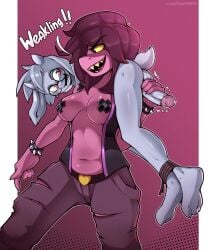 1boy 1girls anthro big_breasts big_penis bondage bound bovid breasts caprine clothed clothed_female clothed_female_nude_male deltarune dominant dominant_female duo felixf female femboy femdom genitals goat hi_res male male/female mammal nipple_tape nude nude_male pasties penis ralsei red_eyes susie_(deltarune) taped_nipples undertale_(series) x_pasties yellow_eyes