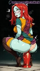 1girls 2025 ^^^ ai_generated artist_name ass_shake blue_skin blush boots colored_skin electroworld female fur_trim green_skin hi_res high_quality high_resolution highres long_hair motion_lines nightmare_before_christmas patreon patreon_username red_hair sally_(the_nightmare_before_christmas) solo squatting stable_diffusion thighhighs tiptoes trembling watermark