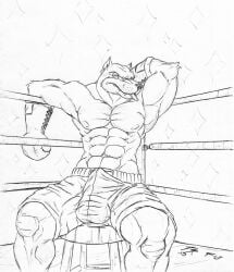 2013 abs anthro boxing_gloves bulge canid canine clothed clothing crazydrak dated detailed_bulge domestic_dog ear_piercing ear_ring erection erection_under_clothing front_view genital_outline handwear male male_only mammal monochrome mouth_closed muscular muscular_anthro muscular_male narrowed_eyes nipples pecs penis_outline piercing ring_piercing signature solo tongue tongue_out topless