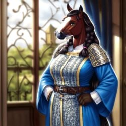 2d ai_generated anthro anthro_female armored_shoulders belted_waist blue_dress braided_tail brown_fur castle_background chainmail_layer clean_lineart confident_pose dark_brown_hair decorative_architecture detailed_clothing digital_art draft_horse equine_humanoid equine_tail fantasy_theme female furry_female furry_focus gold_trim green_eyes historical_fantasy horse_head humanoid_female indoor_setting long_braided_hair majorfluffy mature_female medieval_outfit natural_light noble_clothing open_window ornate_design ornate_robe portrait_format regal_pose renaissance_style shoulder_plates soft_lighting solo standing upright_ears white_markings