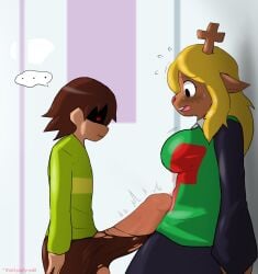 anthro blonde_hair bottomwear breasts brown_body brown_hair bulge capreoline cervid clothed clothing cock_shock deer deltarune duo edit edited enigi09 erection erection_under_clothing female foreskin furry glowing glowing_eyes hair hi_res horny huge_balls huge_cock huge_testicles human human_on_anthro imminent_rape imminent_sex inside kris_(deltarune) looking_at_bulge looking_down male male/female mammal monster noelle_holiday pants phimosis precum precum_string red_eyes reindeer ripped_clothing scared size_difference skirt smaller_male snowgrave sweat sweater teenage_girl teenager third-party_edit topwear undertale_(series) video_games wardrobe_malfunction young