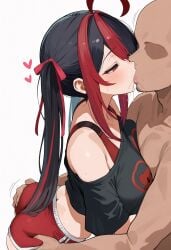 1boy 1girl ahoge ai_generated ass black_hair blush clothed_female_nude_male female grabbing_another's_ass grabbing_own_breast gx_aura kissing large_breasts long_hair male red_eyes red_hair saliva straight tongue_kiss twintails virtual_youtuber