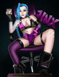 beer blue_hair boots braid bullet button chair clothed elbow_gloves fingerless_gloves glass highres irillthedreamer jinx_(league_of_legends) league_of_legends long_hair looking_at_viewer masturbation nail_polish navel necklace purple_eyes riot_games shorts sitting smile solo solo_female tattoo thigh_strap thighhighs twin_braids unbuttoned unzipped