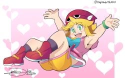 absurdres alternate_version_available amitie arms_up blonde_hair blush border breasts chubby diegoandsmtz drivojunior female fingernails from_side green_eyes green_nails heart highres looking_at_viewer lying medium_breasts nail_polish nipples on_back open_hand open_mouth palms pink_background plump puyo_puyo puyo_puyo_fever short_hair solo spread_fingers spread_legs teeth thick_thighs thighs upper_teeth_only white_background white_border