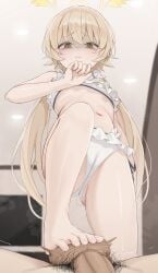 1boy absurdres ballbusting barefoot bikini blue_archive cameltoe censored feet female footjob frilled_bikini frills halo hifumi_(blue_archive) hifumi_(swimsuit)_(blue_archive) highres long_hair low_twintails male male_pubic_hair mosaic_censoring navel official_alternate_costume penis pubic_hair shengtian stepping_on_balls straight swimsuit toes twintails white_bikini