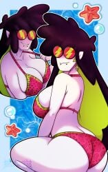 1girls 2d beach beach_background bikini breasts cleavage clothed digital_media facial_piercing feet_out_of_frame female female_only long_hair multicolored_hair piercing sideboob snakebite_piercing solo spooky_month vampire vampire_girl
