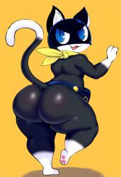 ai_generated anthro ass atlus bandana belt big_butt black_body black_fur blue_eyes bubble_butt clothing dipstick_tail domestic_cat felid feline felis femboy fur hellsonger hi_res huge_butt kerchief looking_back male mammal markings mask megami_tensei megami_tensei_persona morgana_(persona) multicolored_body multicolored_fur multicolored_tail open_mouth pawpads simple_background smile solo tail_markings thick_thighs white_body white_fur wide_hips