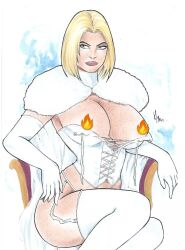 blonde_hair blue_eyes breasts breasts_out cape censored censored_nipples corset emma_frost female female_only hellfire_club homero_ricardo large_breasts marvel marvel_comics opera_gloves panties pinup thighhighs traditional_art traditional_media_(artwork) white_queen x-men