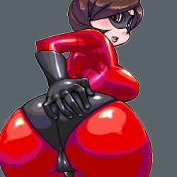 ass ass_focus bodysuit brown_eyes brown_hair cameltoe commentary_request elastigirl female gloves grey_background helen_parr huge_ass latex latex_gloves lowres mask matagitii oekaki shiny_clothes short_hair simple_background skin_tight superhero_costume the_incredibles
