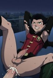 aimkai_(art) batman:_bad_blood black_hair caucasian caucasian_male cum cum_in_ass cumming damian_wayne damian_wayne_(dcamu) dc dc_comics dick_grayson drool drooling foreskin gay gay_domination gay_sex green_eyes justice_league_vs_teen_titans male male_focus male_only muscles muscular muscular_male nightwing nsfw penis retracted_foreskin robin_(damian_wayne) robin_(dc) spandex_suit superhero sweat sweaty sweaty_armpits teen_boy torn_clothes torn_clothing torn_spandex uncircumcised unmasked yaoi