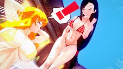 2girls big_breasts bikini bikini_bottom bikini_top black_hair black_hair_female blonde_female blonde_hair breasts crossover eastern_and_western_character final_fantasy final_fantasy_vii long_hair long_hair_female looking_up multiple_girls nakadashi_(artist) purple_eyes red_eyes rwby shocked surprised tifa_lockhart yang_xiao_long