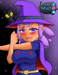 1girls black_cat blush brawl_stars dead_source fanmag_(artist) feline female medium_breasts not_porn purple_hair safe safe_for_work sfw shelly_(brawl_stars) social_media username witch witch_hat