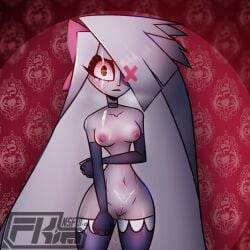 1_eye angel blush breasts casual_exposure cum detailed_background exhibitionism female fkimnsfw grey_body hair hazbin_hotel nipples pussy pussy_juice standing thick_thighs vaggie_(hazbin_hotel) white_hair