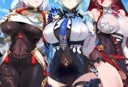 1girls 3girls ai_generated cameltoe depressu eula_(genshin_impact) genshin_impact large_breasts rosaria_(genshin_impact) shenhe_(genshin_impact) taut_clothes thick_thighs wide_hips