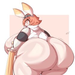 1:1 anthro ass big_breasts big_butt bottomless breasts cape clare_(themushlord) clothed clothing curvy_figure female hair headgear hi_res huge_ass huge_breasts huge_butt hyper hyper_breasts hyper_butt lagomorph leporid lightmizano looking_back mammal melee_weapon orange_eyes orange_hair partially_clothed rabbit short_stack simple_background slightly_chubby solo stevest58244496 sword tail thick_thighs voluptuous voluptuous_female weapon