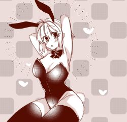 1girls 2323astronomy alternate_breast_size angry arcueid_brunestud arms_behind_head big_breasts blush bowtie breasts bunny_ears bunny_tail bunnysuit cleavage flustered hands_behind_head huge_breast huge_breasts large_breast large_breasts melty_blood monochrome short_hair squeezing thighhighs tsukihime type-moon vampire vampire_girl wide_hips