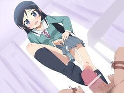 aragaki_ayase black_hair black_socks blue_eyes blush bondage censored clothed_female_nude_male cum ejaculation female femdom footjob highres knee_socks kneehighs kneesocks long_hair mjn open_mouth ore_no_imouto_ga_konna_ni_kawaii_wake_ga_nai panties penis socks underwear