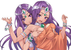 2girls :o bare_shoulders bracelet breast_grab breasts circlet clothing dark_skin deep_skin dragon_quest dragon_quest_iv incest jewelry large_breasts long_hair matsuryuu maya_mahabala meena_mahabala multiple_girls open_mouth purple_eyes purple_hair siblings sisters tears twins white_background yuri