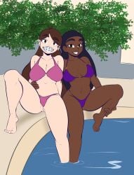 2girls aged_up arm_around_waist barefoot big_ass big_breasts big_smile bikini black_hair braces brown_eyes brown_hair cartoon chocolate_and_vanilla crossover dark-skinned_female disney encanto feet_in_water full_body gravity_falls hourglass_figure isabela_madrigal klassyarts_(artist) light-skinned_female looking_at_viewer mabel_pines photo pinup pinup_pose pool poolside posing sitting smiling smiling_at_viewer thick_thighs