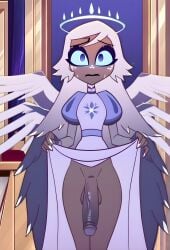 1futa ai_generated angel angel_wings balls big_penis blue_eyes dark-skinned_futanari dark_skin embarrassed emily_(hazbin_hotel) futa_only futanari halo hazbin_hotel hi_res lifting_dress looking_at_viewer penis pov shy taker_pov thick_thighs white_hair