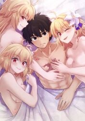 1boy 3girls abs absurdres ahoge antenna_hair archetype_earth arcueid_brunestud bed bed_sheet black_hair blonde_hair breasts brown_eyes fate/grand_order fate_(series) hair_intakes harem highres large_breasts long_hair looking_at_viewer medium_breasts multiple_girls multiple_persona on_bed red_eyes scar scar_on_chest shimotsukishin short_hair single_hair_intake smile tohno_shiki tsukihime tsukihime_(remake) very_long_hair