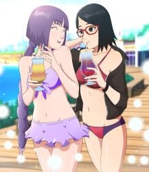 2girls alternate_costume arm_support bikini bikini_bottom bikini_top black_hair boruto:_naruto_next_generations braided_twintails braids breasts cleavage couple drink eyewear female female/female female_only glasses implied_yuri juice kakei_sumire megane midriff multiple_girls naruto naruto_(series) no_sex official_alternate_costume optimystic pelvic_lines petite purple_hair revealing_clothes romantic romantic_ambiance romantic_couple sarada_uchiha skirt smile straw swimsuit teenage_girl teenager twin_braids twintails very_long_hair walking wholesome young younger_female yuri