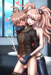 1boy 1girls ahoge ai_generated arms_behind_back assertive_female belt big_penis black_gloves black_pants blonde_hair blue_eyes blush cum cumshot danganronpa danganronpa:_trigger_happy_havoc female gloves green_hoodie gyaru hand_on_another's_mouth handjob handjob_from_behind heart highres junko_enoshima latex leather_pants lips looking_at_another male midriff naegi_makoto nai_diffusion orgasm orgasm_face pants_down smirk stable_diffusion strapless twintails young