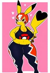 absurd_res ai_generated anthro anthrofied big_breasts bottomwear breasts cleavage cleft_tail clothed clothing cosplay_pikachu cosplay_pikachu_(character) cosplay_pikachu_(costume) costume curvy_figure dipstick_ears female generation_1_pokemon heart hellsonger hi_res huge_breasts huge_thighs looking_at_viewer mask midriff multicolored_ears navel nintendo pants pikachu pikachu_libre pokemon pokemon_(species) pokemorph short_stack simple_background solo thick_thighs wide_hips yellow_body
