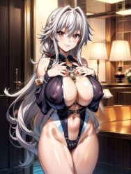 1girls ahoge ai_generated bangs belly belly_button big_breasts breasts female female_only grayfia_lucifuge hd hi_res high_resolution high_school_dxd highres indoors lamp light_skin looking_at_viewer nipples room smile smiling smiling_at_viewer solo solo_female standing tagme very_long_hair very_long_hair_female visible_nipples