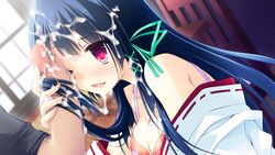 black_hair blush censored cleavage cum doushite_sonna_ni_kuroi_kami_ga_suki_nano? facial fire_works game_cg hairjob handjob iwanaga_no_ichouhime japanese_clothes long_hair naughty_face open_mouth red_eyes satsuki_misuzu tagme