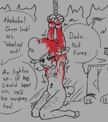1boy ambiguous_species anthro blood blood_drip blood_on_arm blood_on_head bodily_fluids bound bovid caprine chained chains cuff_(restraint) dialogue dripping ear_piercing facial_piercing fatal_affection fur gore group handcuffs hands_above_head head_injury hooves humor kneeling lambchop_(fatal_attraction) leg_scar male male_only mammal metal_cuffs navel navel_piercing nipple_piercing nipples nose_piercing piercing pun restraints scar shaking sheep thigh_scar wool_(fur) wool_hair wounded