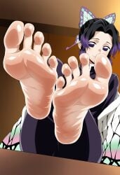 black_hair cute demon_slayer feet feet_focus feet_together female foot_fetish foot_focus girl hair_ribbon kimetsu_no_yaiba kochou_shinobu looking_at_viewer purple_eyes smiling smiling_at_viewer soles toes