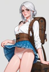 ai_generated ciri clothing cvxxxart female green_eyes lifted_by_self light-skinned_female pantie presenting_panties the_witcher_(series) the_witcher_3:_wild_hunt white_hair