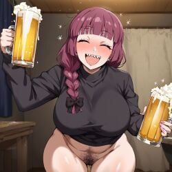 ai_generated alcohol bangs beer bent_over blush blushing_at_viewer bocchi_the_rock! borracha bottomless bottomless_female braid chupa chupando closed_eyes curvy curvy_female female female_pubic_hair hair_ribbon hairy_pussy hiroi_kikuri holding_object huge_breasts kunaboto_(style) large_breasts long_hair mirando_espectador open_smile pubic_hair purple_hair quierepene quieresexo ribbon sharp_teeth single_braid smile smiling smiling_at_viewer solo standing thick_thighs thigh_gap thighs venus_body wide_hips