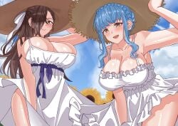 2girls :d alternate_costume bangs bare_arms bare_shoulders bare_thighs blue_hair braid breasts brown_eyes brown_hair bursting_breasts cleavage collarbone commission dress female female_only fire_emblem fire_emblem:_three_houses fire_emblem_fates from_below hair_over_one_eye huge_breasts kagero_(fire_emblem) large_breasts light_blue_hair long_hair looking_at_viewer looking_down marianne_von_edmund multiple_girls nintendo open_mouth outdoors pushing pushing_down rynn_(darknescorez) short_hair shoulders sideboob sidelocks skindentation smile straw_hat sun_hat sunflower thighs very_long_hair