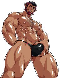 bara beard big_bulge bulge hairy_chest ichan looking_at_viewer looking_down looking_down_at_viewer low-angle_view male male_nipples male_only manly mature_male muscular muscular_male nipples solo underwear