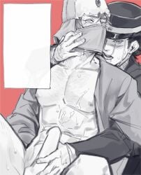 2boys bite bite_mark blush censored censored_penis cum gay golden_kamuy handjob male male/male male_only monochrome multiple_boys shirtless sugimoto_saichi vasily_(golden_kamuy) vasily_pavlichenko yaoi