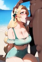 1boy 1girl ai_generated beach big_breasts big_penis bikini blonde_hair blowjob blush braided_hair civitai cleavage cum cum_drip cum_in_mouth cum_on_breast curvy dark-skinned_male detailed_background fellatio female fire_emblem fire_emblem:_three_houses fire_emblem_heroes floox green_bikini green_eyes green_swimwear hair_flower hand_on_another's_head huge_breasts huge_cock ingrid_brandl_galatea ingrid_brandl_galatea_(summer) interracial large_breasts light-skinned_female long_hair looking_at_another looking_up mature_female milf nervous nintendo outdoors ponytail pubic_hair shiny_skin shorts swimwear thiccwithaq_(ai_style) thick_cum thick_thighs thighs veiny_penis very_long_hair wide_hips