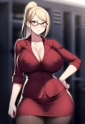 1girls ai_generated akiyama_kaede angry angry_face big_breasts bimbo bimbo_body blonde_hair blush breasts brown_eyes clothed clothed_female clothing collarbone curvaceous curves curvy curvy_body curvy_female curvy_figure eyebrows eyelashes female female_only glasses huge_breasts kengan_(series) kengan_ashura light-skinned_female light_skin nipples_visible_through_clothing novelai pale-skinned_female pale_skin ponytail red_clothing skirt solo solo_female standing voluptuous voluptuous_female white_skin