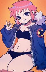 1girls black_eyes black_underwear coat eyeshadow female fur_trim kneeling nail_polish partially_clothed pink_hair pink_nails ramona_flowers ring scott_pilgrim short_hair solo solo_female star tetu underwear