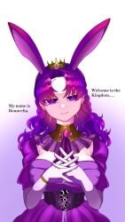 1girls cleavage collar color corset crown english_text female female_focus female_only garten_of_banban huge_breasts humanized interlocked_fingers kangaroo kangaroo_ears kangaroo_girl large_breasts long_hair mature_female multi_eye personification purple_dress purple_ears purple_eyes purple_hair queen_bouncelia