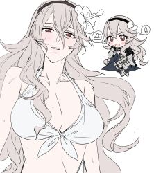 1girls absurdres alternate_costume bare_shoulders bikini black_hairband blush breasts cake cape chibi chibi_inset cleavage corrin_(female)_(fire_emblem) corrin_(female)_(summer)_(fire_emblem) corrin_(fire_emblem) dango female female female_only fire_emblem fire_emblem_fates fire_emblem_heroes flower food grey_hair hair_between_eyes hair_flower hair_ornament hairband highres long_hair looking_at_viewer nintendo official_alternate_costume pointy_ears red_eyes saliva solo sou_mei swimsuit very_long_hair wagashi wet white_background white_bikini white_swimsuit