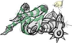 armor dialogue_bubble faceless faceless_character green_tentacles hand_on_head hierophant_green jojo's_bizarre_adventure knight legs lying lying_on_back male_focus male_only no_genitals shaking shaking_lines silver_chariot simple_background sketch solo_male stand_(jjba) stardust_crusaders tentacle tentacle_between_legs tentacle_on_leg trembling trembling_for_pleasure trembling_lines white_background x-wir3d_fr33k