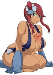 1futa autopaizuri blue_eyes dark_skin footwear futa_only futanari hair handwear hanging_breasts harness huge_breasts huge_cock human human_only intersex komusou_(jinrikisha) looking_at_viewer nintendo paizuri penis pokemon pokemon_bw pokemon_bw2 red_hair sitting skyla_(pokemon) smile solo thighband uncensored